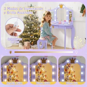Conjunto de Toucador infantil com espelho iluminado dobrável, brilho ajustável, e cadeira de princesa, gaveta removível Púrpura