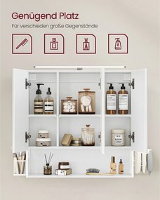 Armário espelho de casa de banho de 3 portas com iluminação e prateleira regulável em altura 14,5 x 70 x 70 cm Branco