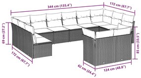 12 pcs conj. sofás jardim com almofadões vime PE cinzento-claro