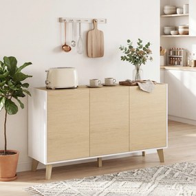 Armário de cozinha 120 L x 35 P x 73,5 A cm, móvel de arrumação de estilo nórdico, 3 portas com fecho suave, 6 compartimentos, cor madeira natural e b