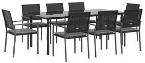 9 pcs conjunto de jantar p/ jardim com almofadões vime PE e aço