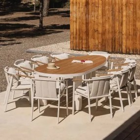 Conjunto De Mesa Oval Taneli, 260x110 Cm, Feito De Alumínio E Madeira De Teca, E 10 Cadeiras De Jardim Yervin, Feitas De Alumíni Madeira De Teca -