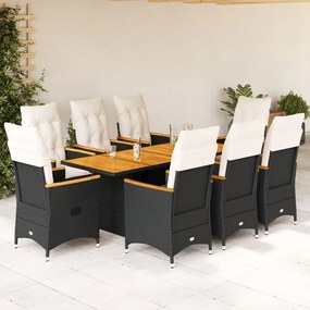 vidaXL 9 pcs conjunto de jantar p/ jardim c/ almofadões vime PE preto
