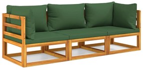 3 pcs conj. lounge jardim madeira c/almofadões verdes