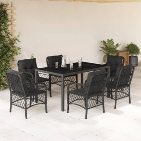 7 pcs conjunto de jantar p/ jardim c/ almofadões vime PE preto