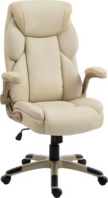 Cadeira de Escritório com Massagem Vibratória de 4 Pontos Aquecimento Lombar Apoios de Braços Rebatíveis Encosto Alto Altura Ajustável Creme