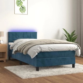 Cama box spring c/ colchão/LED 90x190 cm veludo azul-escuro