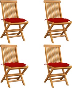 vidaXL Cadeiras de jardim c/ almofadões vermelhos 4 pcs teca maciça
