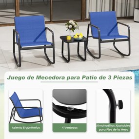 Conjunto de 3 peças baloiço para jardim, 2 cadeiras de bistrô e mesa baixa de vidro com tecido de malha respirável e faixa antiderrapante Azul