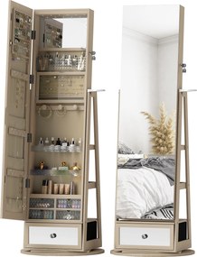 Espelho de Pé Giratório 360° com Espelho com Interior Iluminado Organizador de Jóias com Prateleiras e Gavetas 56x56x164 cm Madeira