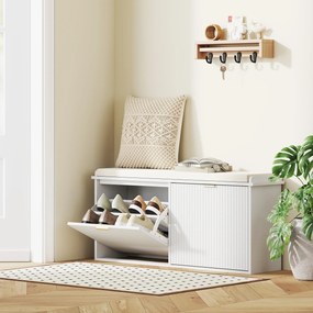 Banco Sapateira Móvel Sapateira Estreito com Assento Estofado 2 Caixas Rebatível e Painel de Ripas 104x26x47,5 cm Branco