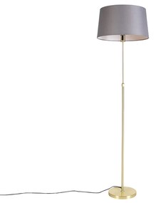 Candeeiro de pé dourado/latão com abajur de linho cinzento 45 cm - Parte Country / Rústico