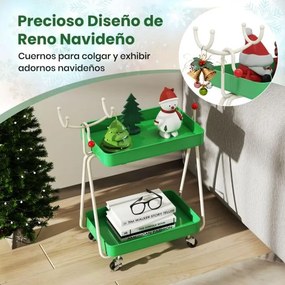 Mesa Auxiliar com desenho Rena de Natal 55,5 x 28,5 x 66,5 cm com 2 Níveis com Estrutura Metálica e Rodas Mesa de Natal para Espaços Pequenos Verde