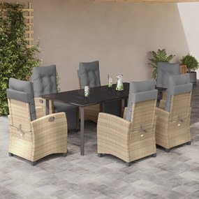 7 pcs conj. jantar jardim c/ almofadões vime PE bege misturado