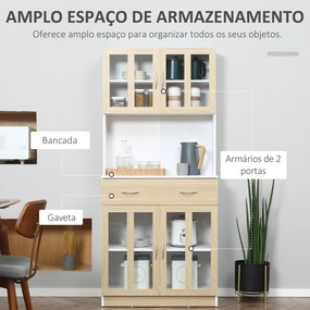 Armário de Cozinha  80x40x180 cm com 4 Portas de Vidro Bancada Aberta para Micro-Ondas Branco e Madeira