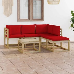6 pcs conjunto lounge de jardim com almofadões vermelhos
