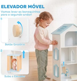 Casa de Bonecas de Madeira com 3 Pisos, Elevador e Varanda, 5 Divisões e 13 Móveis, para Crianças dos 3 aos 6 Anos, Azul