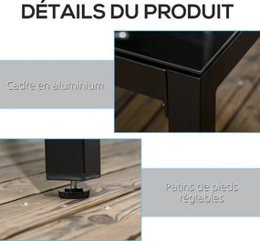 Mesa de jardim retangular 180x80x72cm para 8 pessoas com tampo em vidro temperado e estrutura em alumínio preto (CADEIRAS NÃO INCLUÍDAS)