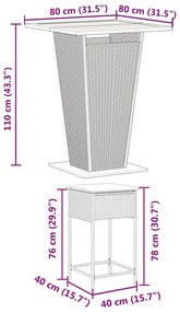 3 pcs conjunto de bar p/ jardim c/ almofadões vime PE cinzento