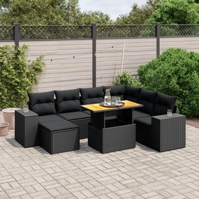 8 pcs conjunto sofás de jardim com almofadões vime PE preto