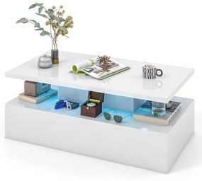 Mesa de centro LED de 2 níveis com cores de luz ajustáveis em formato retangular contemporâneo para sala de estar 110 x 60 x 40 cm Branca