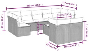 10 pcs conjunto sofás de jardim c/ almofadões vime PE cinzento