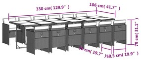 13 pcs conj. jantar jardim c/ almofadões vime PE cinzento-claro