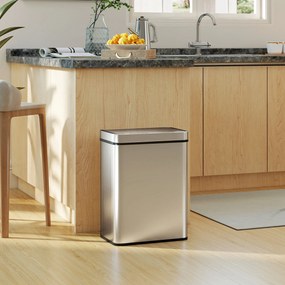 Caixote do lixo com sensor de 50 L com tampa de fecho suave 39 x 27 x 54 cm, caixote do lixo automático de cozinha em aço inoxidável, prateado