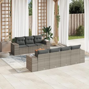 8 pcs conjunto sofás de jardim c/ almofadões vime PE cinzento
