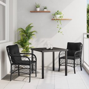 Conjunto de Jantar de Jardim 3 Peças com Almofadas Preto Rattan Poliés