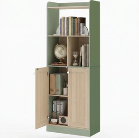 Estante de Arrumação com 5 Níveis e 2 Portas, 60 x 30 x 161,2 cm, Cantos Arredondados, Verde e cor Madeira Natural