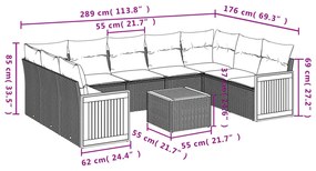 10 pcs conjunto sofás de jardim c/ almofadões vime PE cinzento