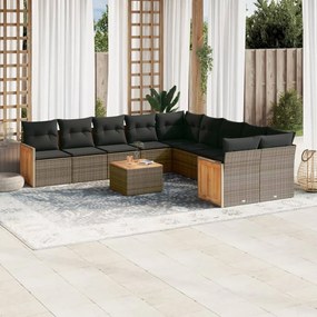 11 pcs conjunto sofás de jardim c/ almofadões vime PE cinzento