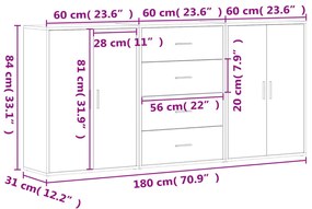 Aparadores 3 pcs 60x31x84 cm derivados madeira cinzento cimento