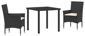 Conjunto de Jantar para Jardim 3 Peças com Almofadas Preto em Rattan d