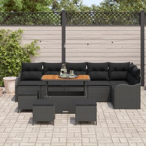 Conjunto de Sofá de Jardim de 10 Peças com Almofadas Preto Rattan Poli