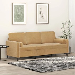 vidaXL Sofá 3 lugares c/ almofadas decorativas 180 cm veludo castanho