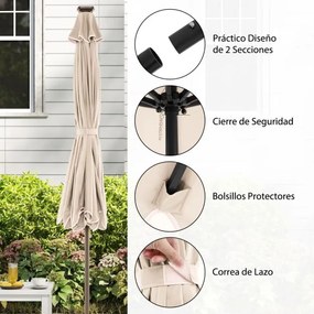 Guarda-sol de 300 cm com 24 luzes LED, parte superior ventilada, folhos e ajuste de inclinação Bege