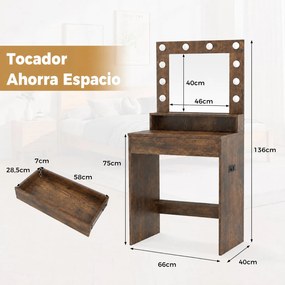 Toucador de Maquilhagem com Espelho LED, 66 x 40 x 136 cm, 3 Modos de Iluminação, Castanho+Preto