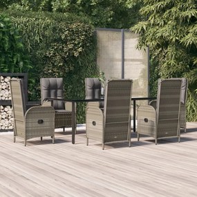 vidaXL 7 pcs conjunto jantar jardim c/ almofadões vime PE preto/cinza