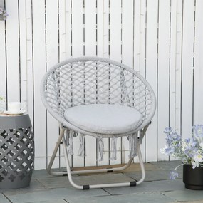 Poltrona redonda de jardim Loveuse, poltrona Papasan em forma de lua, dobrável, de grande conforto, em macramé de algodão e poliéster cinzento