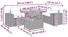 6 pcs conjunto sofás de jardim c/ almofadões vime PE preto