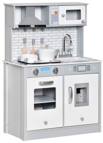 HOMCOM Cozinha Infantil de Madeira para Crianças acima de 3 Anos Cozinha de Madeira Infantil com Luz Sons Acessórios Utensílios Exaustor Lavatório e Microondas 60x29x84cm Cinza
