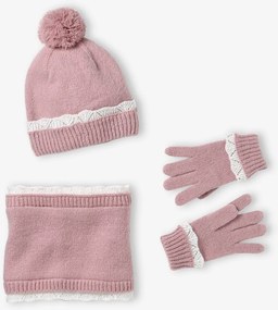 Conjunto VERTBAUDET de gorro, gola e luvas em malha para menina rosa-pálido