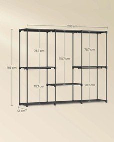 Guarda roupa aberto com 5 compartimentos para pendurar 205 x 43 x 166 cm preto