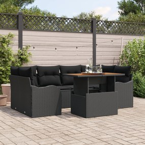 Conjunto de Sofás de Jardim vidaXL 7 Peças com Almofadas Preto Vime Po