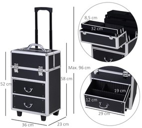 HOMCOM Estojo de maquiagem portátil Estojo profissional de cosméticos com 6 gavetas extensíveis, fechadura, rodas e alça retrátil 36x23x58 cm preta