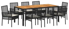 Conjunto de Jantar de Jardim com Almofadas Preto Poliratã