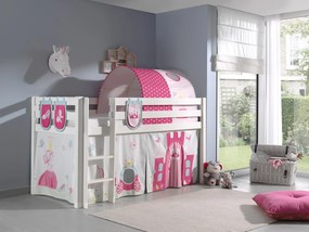 Conjunto Cama alta de Criança PINO 90 x 200 cm + estrado + escada + cortina + 3 bolsas + túnel Princesa Branca