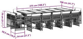 15 pcs conjunto de jantar p/jardim com almofadões vime PE preto